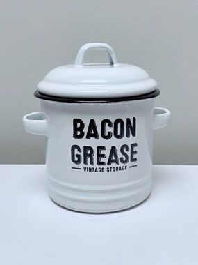 Bacon Grease Vintage White Metal Storage Canister - White w/ Black Letters, New